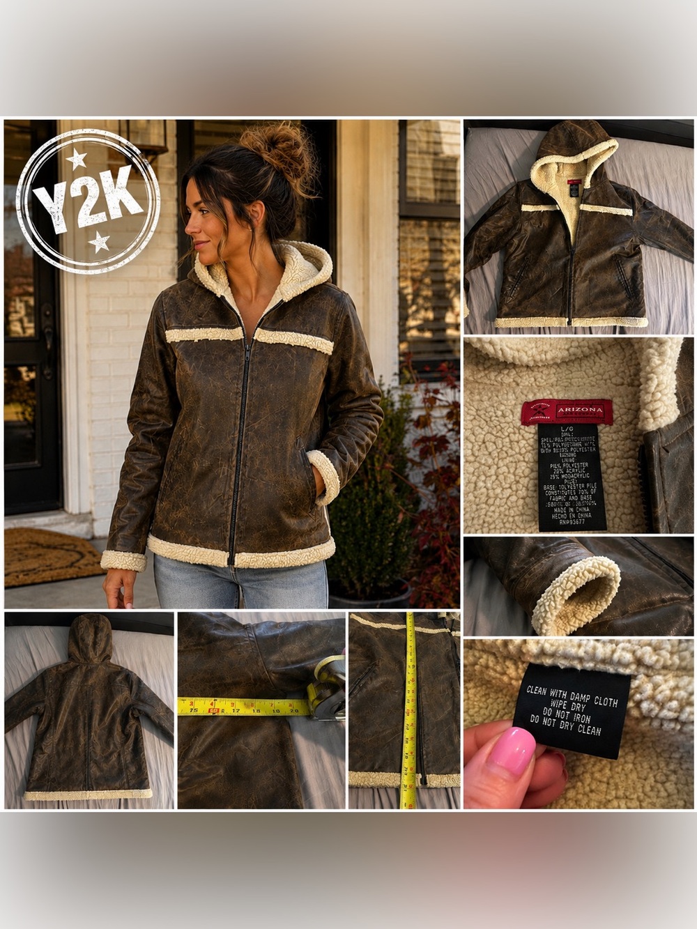 Vintage Y2K Arizona Jean Co Brown Sherpa Hooded Faux Leather Jacket L